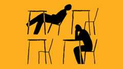 Black abstract sketch of four desks and chairs seen from side, the top left with a relaxed student leaning back in chair and bottom right with a student bent over and working, on a yellow background.