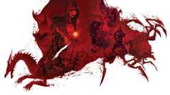 Fantasy Dragon Age Origins art with dragon, warrior, sinister mage, and giant spider on a red and white background.