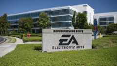 Electronic Arts EA sign at 250 Shoreline Drive in front of a modern office building.