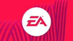 Electronic Arts logo in a white circle on a red abstract background.