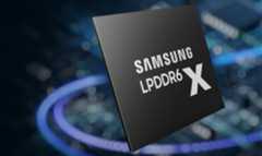 A close-up of a Samsung LPDDR6X chip with its label visible against a blurred technological background.