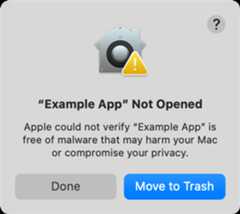 An alert that Apple cannot verify that an app is free of malware.