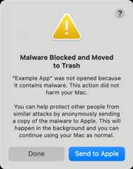 An alert that an app containing malware was blocked from opening and has been moved to Trash. You might be asked to send a copy of the malware to Apple.