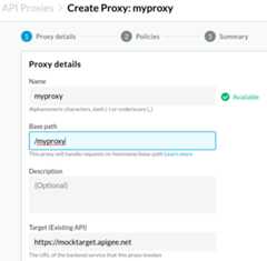 Proxy details showing Name, Base path, Description, and Target
