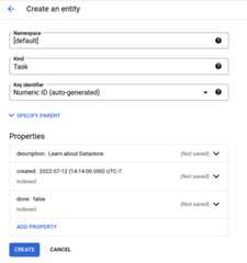 The entity creation window with various properties set