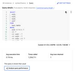 Query details screen with a slow query message and an Analyze query performance option