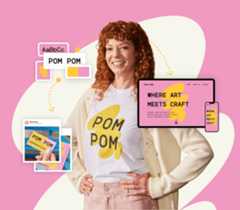 Woman in a branded Pom Pom T-shirt with pink and yellow website, mobile and social media mock-ups highlighting creative design elements.