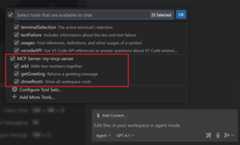 Screenshot that shows the tools picker in agent mode, highlighting tools from an MCP server.