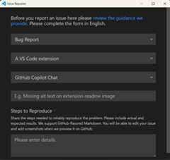 Screenshot that shows VS Code Issue Reporter with GitHub Copilot Chat selected.