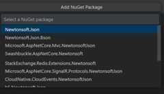 Screenshot showing quickpicks dropdown menu with placeholder text that reads: "Select a NuGet package". The quickpick options show a list of example NuGet packages to choose from.
