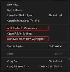 File Explorer context menu, highlighting options to add or remove folders to the workspace