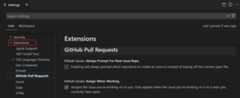 Screenshot of the Settings view, showing the settings of the GitHub Pull Requests extension, highlighting the Extensions entry in the tree view.
