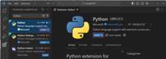 Screenshot that shows the Extensions view with a search for Python extensions.