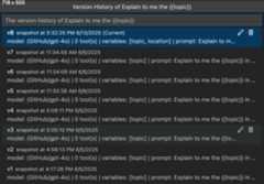 Screenshot showing the Version History dialog with a list of saved versions of a prompt or agent.