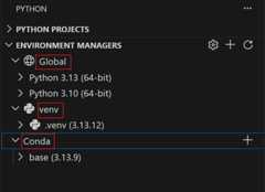 Screenshot showing the Environment Managers tree view with Global, venv, and Conda sections expanded, displaying discovered Python environments grouped by manager type.