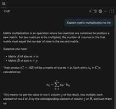 Screenshot of the Chat view, showing inline and block equations in a chat response.