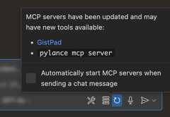 Screenshot showing the hover of the refresh MCP server icon, enabling you to configure the auto-start behavior.