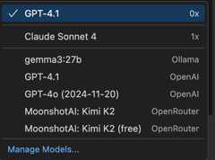 Screenshot of the model picker showing various models from providers such as Copilot and OpenRouter