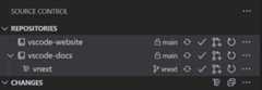 Screenshot of the Source Control Repositories view showing two repositories and a worktree associated with one of the repos.