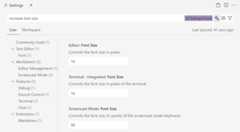 Screenshot of AI results in the Settings editor for "increase text size" showing editor.fontSize setting.