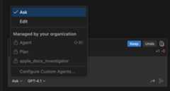 Screenshot of the Agent picker shows agent mode unavailable due to enterprise policy.