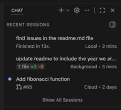 Screenshot showing the recent sessions in the Chat view.