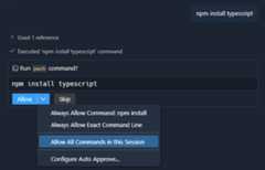Screenshot that shows the Allow All Commands in this Session option when approving a terminal command in chat.