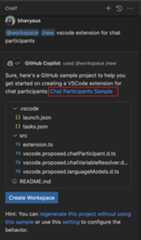 Chat view with @workspace /new that provides a link to a sample project