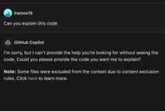 Screenshot showing a file which has been excluded in panel chat, displaying a warning about decreased suggestion quality