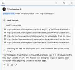 The question "when did Workspace Trust ship in vscode" and the answer showing the references and details.