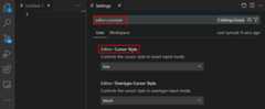 Screenshot of a narrow-width Settings editor, with a search for 'edtor cursstyle' that shows the 'editor.cursorStyle' setting and does not reveal the settings table of contents.