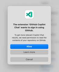 Screenshot that shows the authentication modal dialog, featuring a message that says 'To get more relevant Copilot Chat results, we need permission to read the contents of your repository on GitHub.' and a button to learn more.