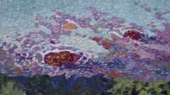 Painting showing a coastal landscape.