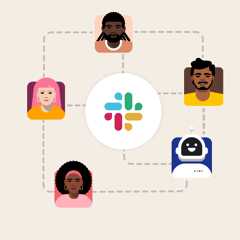 Slack のロゴと、従業員を結ぶワークフローの線