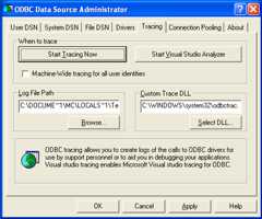 Tracing example includes the "Log File Path" and "Custom Trace DLL" values set, along with buttons to "Start Tracing Now" and "Start Visual Studio Analyzer".