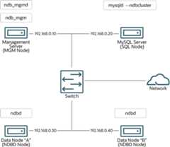 Most content is described in the surrounding text. The four nodes each connect to a central switch that connects to a network.