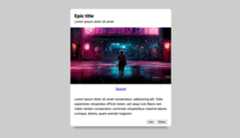 A light card on a gray background. The card has a title and text, a few action buttons, and a cyber punk style image.