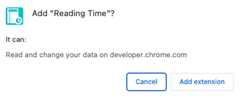 Permission warning the user will see when installing the Reading time extension