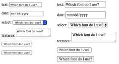 Form controls with default and inherited font families. By default, some types are serif and others are sans serif. Inheriting should change the fonts of all to the parent's font family - in this case a paragraph. Oddly, input of type submit does not inherit from the parent paragraph.