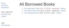 Displays list of all renewed books along with their details. Past due is in red.