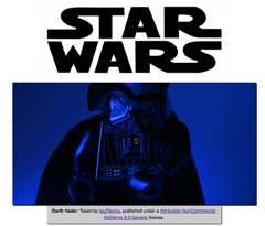 Star Wars の文字に続き、レゴで作られたダース・ベイダーの画像が表示されています。