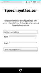 speak easy synthesis というアプリの UI。合成するテキストを入力する入力欄、音声の速度やピッチを制御するスライダーコントロール、異なる形を選ぶドロップダウンメニューがあります。