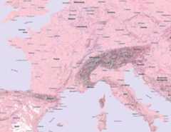 A terrain map of France and Monaco with pink water and land.