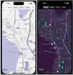 Two app screens showing map in dark to light mode