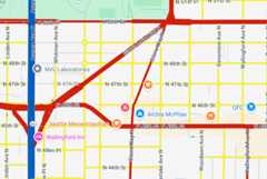A Seattle map at zoom level 16 where the roads are styled as red, blue, andyellow.