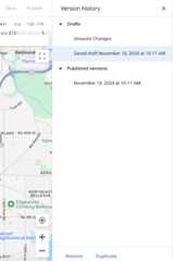 A screenshot of the Maps Styles' Versions panel in the Google Cloud Console. The Save and Publish buttons are above the panel, the version-specific Restore and Duplicate buttons are at the bottom of the Version History panel, and several Draft and Published versions are listed.