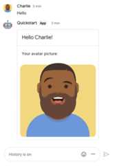 Chat app responding with a card featuring the sender's display name and avatarimage