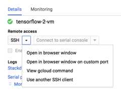 A VM instance's Remote access drop-down menu. (click to enlarge)