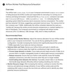 A hypothesis titled Airflow Worker Pod Resource Exhaustion, with details and recommended fixes
