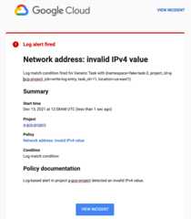 The example log-based alerting policy results in an email notification.